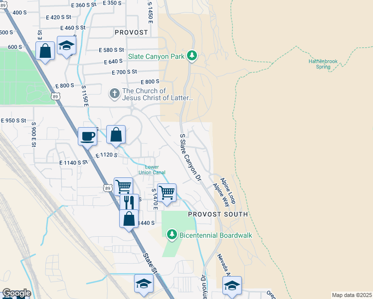 map of restaurants, bars, coffee shops, grocery stores, and more near 1097 South Slate Canyon Drive in Provo
