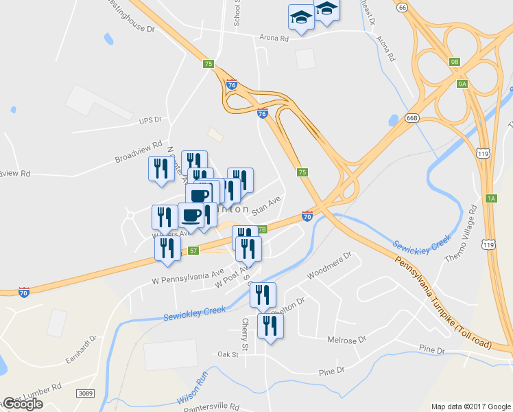 map of restaurants, bars, coffee shops, grocery stores, and more near 109 Stan Ave in New Stanton
