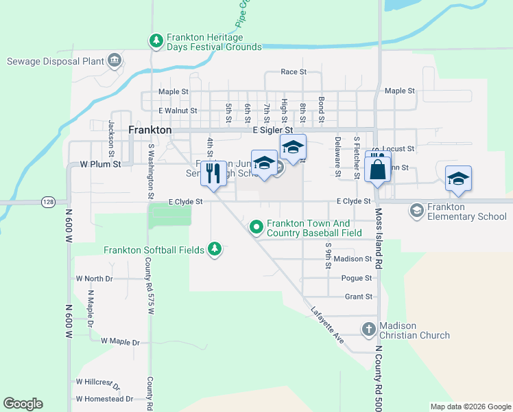 map of restaurants, bars, coffee shops, grocery stores, and more near 507 Clyde Street in Frankton