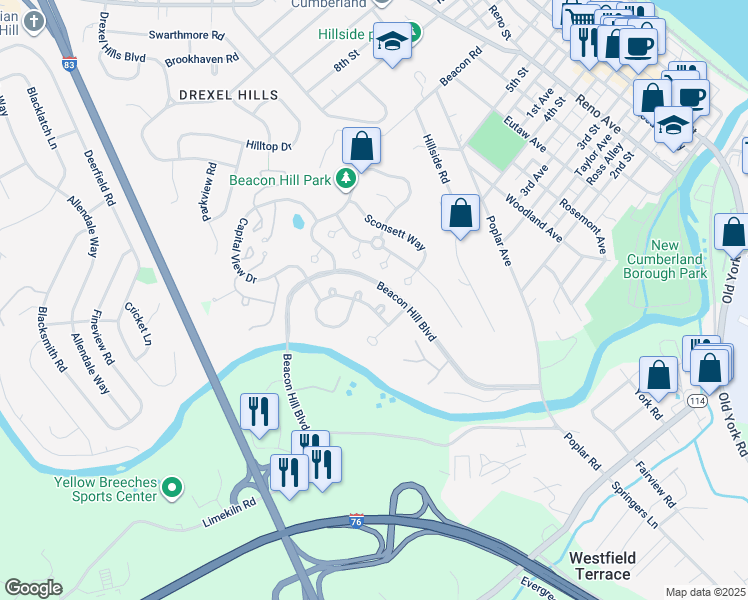 map of restaurants, bars, coffee shops, grocery stores, and more near 1326 Norway Maple Court in New Cumberland