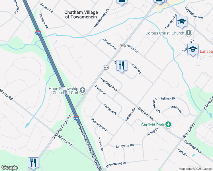 map of restaurants, bars, coffee shops, grocery stores, and more near 954 Garfield Avenue in Lansdale