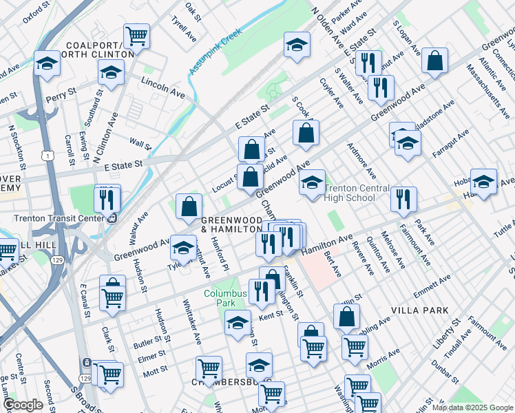 map of restaurants, bars, coffee shops, grocery stores, and more near 307 Chambers Street in Trenton