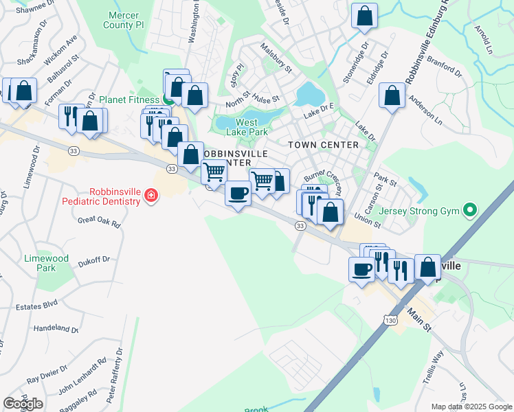 map of restaurants, bars, coffee shops, grocery stores, and more near 2324 New Jersey 33 in Robbinsville Township