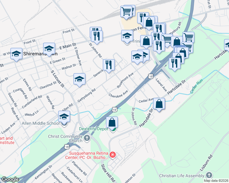 map of restaurants, bars, coffee shops, grocery stores, and more near 3905 Rosemont Avenue in Camp Hill