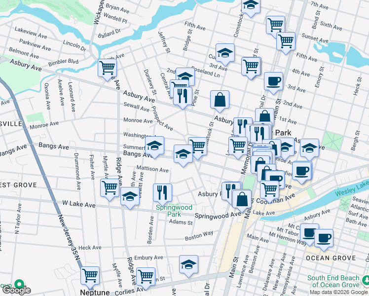 map of restaurants, bars, coffee shops, grocery stores, and more near 1151 Summerfield Avenue in Asbury Park