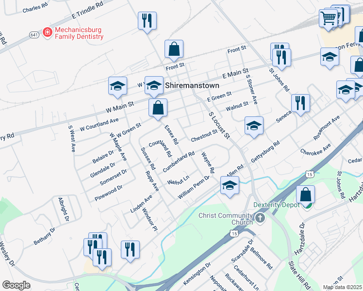 map of restaurants, bars, coffee shops, grocery stores, and more near 28 Essex Rd in Shiremanstown