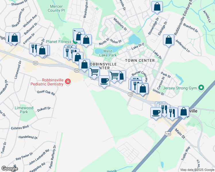 map of restaurants, bars, coffee shops, grocery stores, and more near 2329 New Jersey 33 in Robbinsville Township