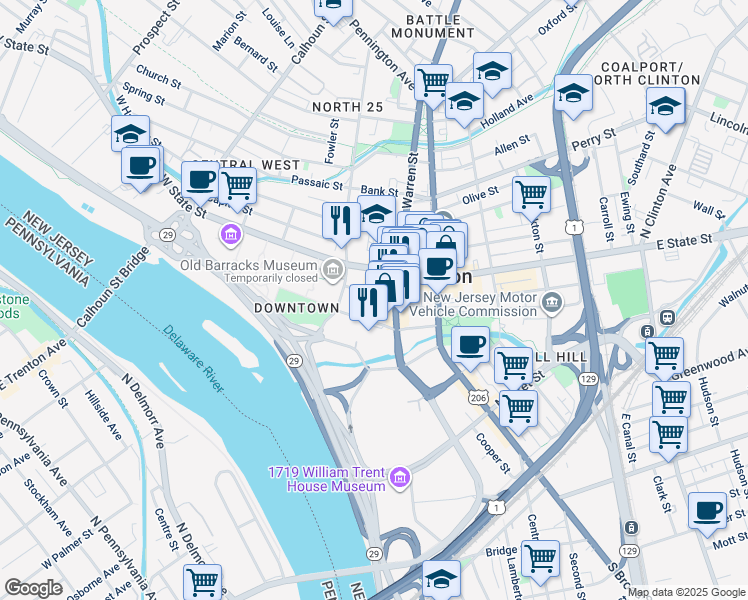 map of restaurants, bars, coffee shops, grocery stores, and more near 31 West Front Street in Trenton