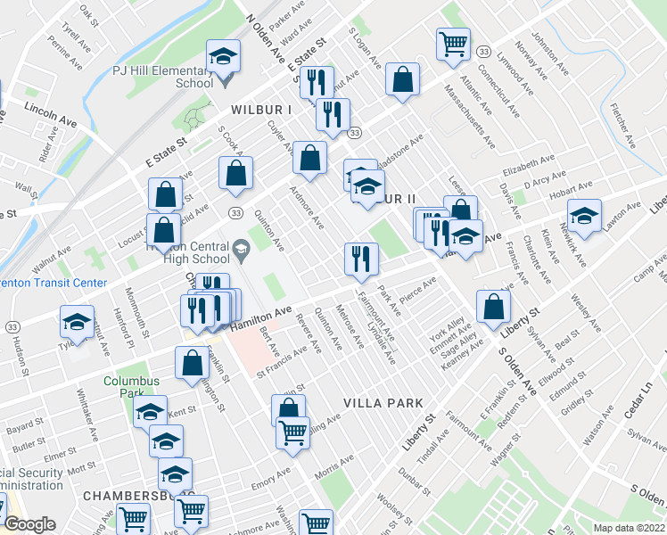 map of restaurants, bars, coffee shops, grocery stores, and more near 410 South Cook Avenue in Trenton