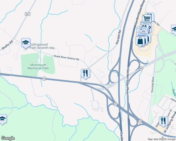 map of restaurants, bars, coffee shops, grocery stores, and more near 72 Shark River Road in Tinton Falls