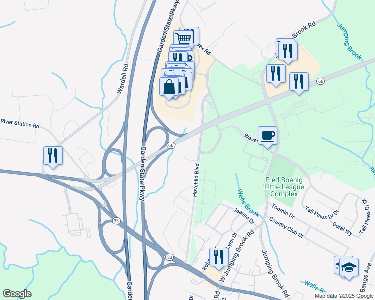 map of restaurants, bars, coffee shops, grocery stores, and more near 4000 Route 66 in Tinton Falls