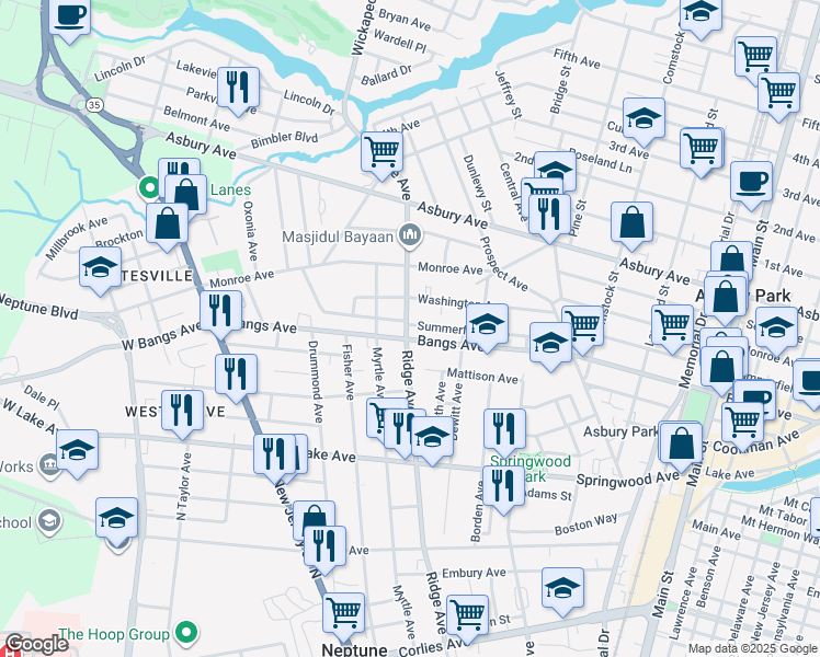 map of restaurants, bars, coffee shops, grocery stores, and more near 306 Ridge Avenue in Asbury Park