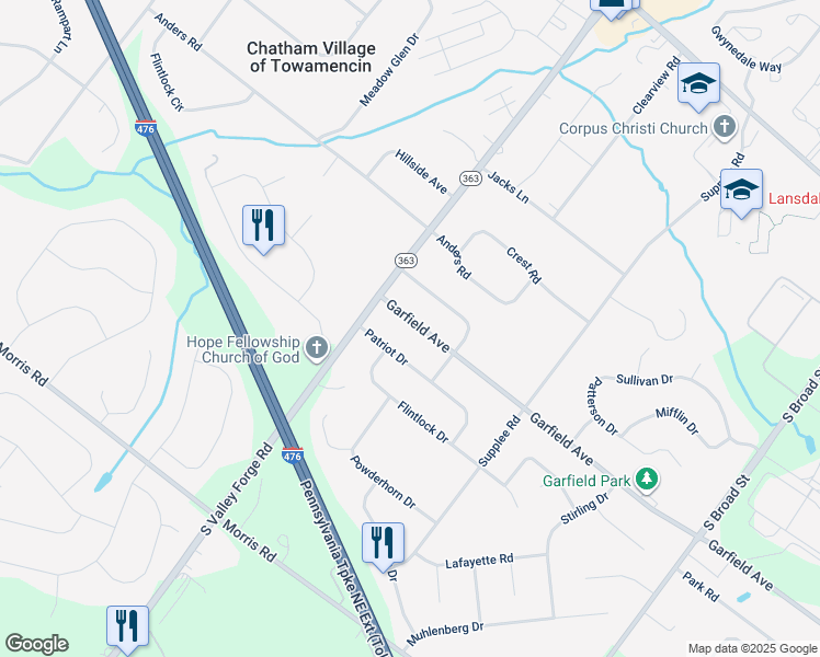 map of restaurants, bars, coffee shops, grocery stores, and more near 954 Garfield Avenue in Lansdale