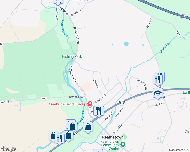 map of restaurants, bars, coffee shops, grocery stores, and more near 65 Oriole Dr in Stevens