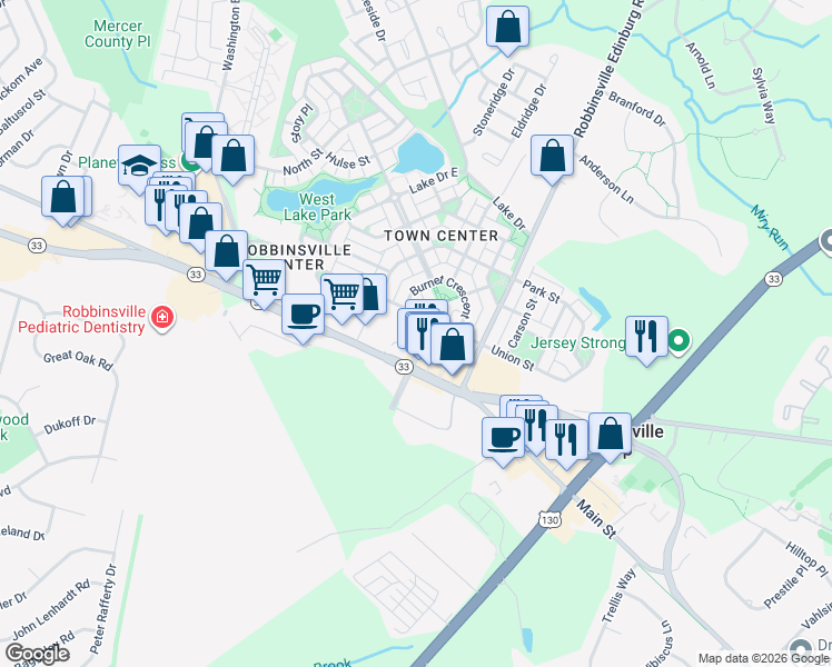 map of restaurants, bars, coffee shops, grocery stores, and more near 68 Union Street in Robbinsville Township