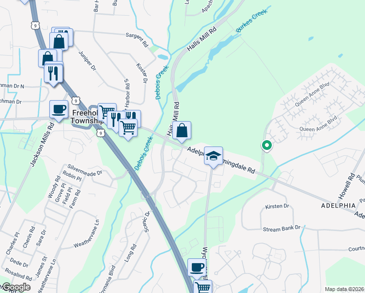 map of restaurants, bars, coffee shops, grocery stores, and more near 5 Fiddlers Elbow Court in Howell Township