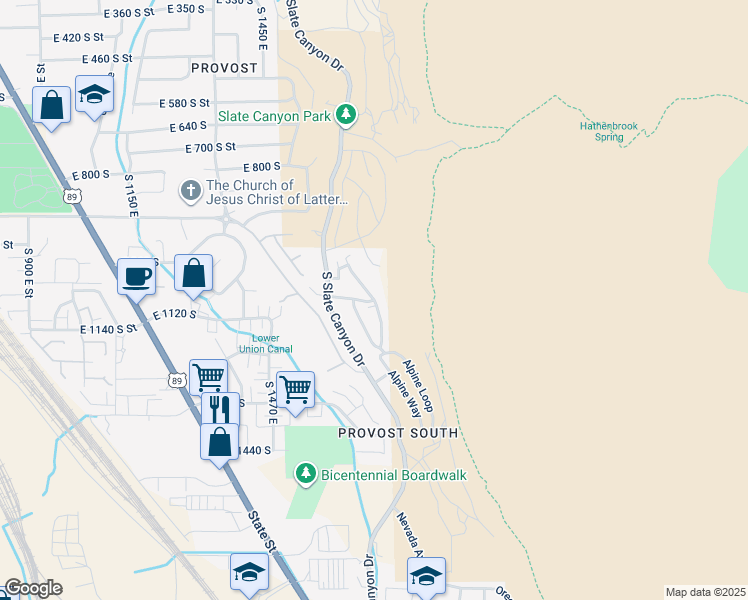 map of restaurants, bars, coffee shops, grocery stores, and more near Canyon Meadow Drive in Provo