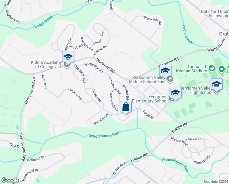 map of restaurants, bars, coffee shops, grocery stores, and more near 332 Countryside Court in Collegeville