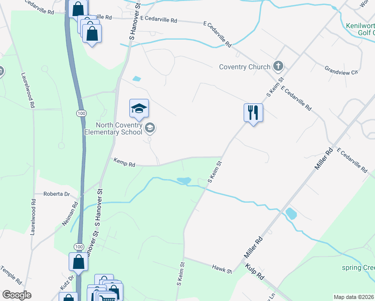 map of restaurants, bars, coffee shops, grocery stores, and more near 737 Kemp Road in Pottstown
