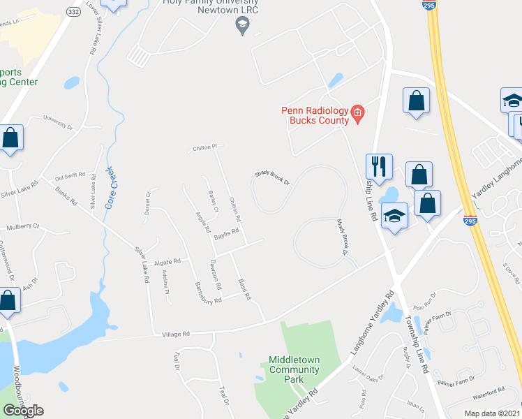 map of restaurants, bars, coffee shops, grocery stores, and more near 268 Shady Brook Drive in Langhorne