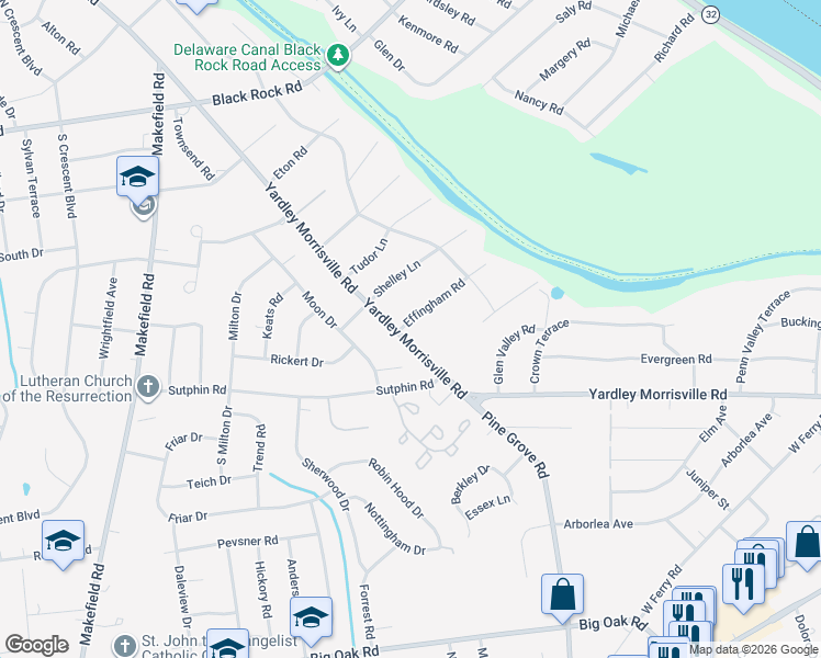 map of restaurants, bars, coffee shops, grocery stores, and more near 1410 Yardley Morrisville Road in Yardley