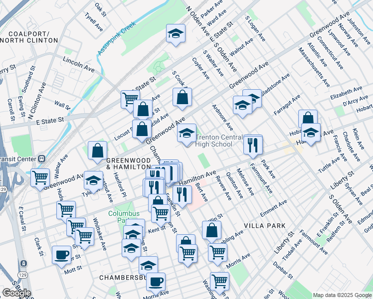 map of restaurants, bars, coffee shops, grocery stores, and more near 400 Chambers Street in Trenton