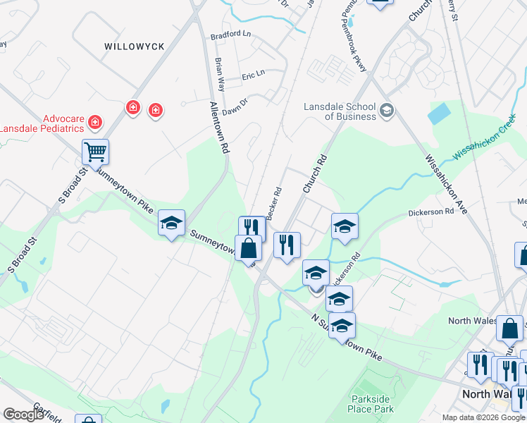 map of restaurants, bars, coffee shops, grocery stores, and more near 210 Becker Road in North Wales