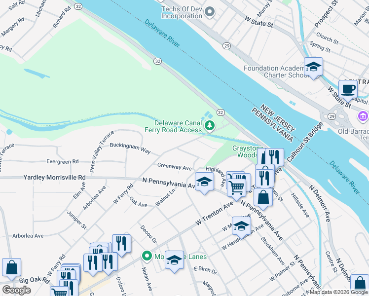 map of restaurants, bars, coffee shops, grocery stores, and more near 912 Overton Avenue in Yardley