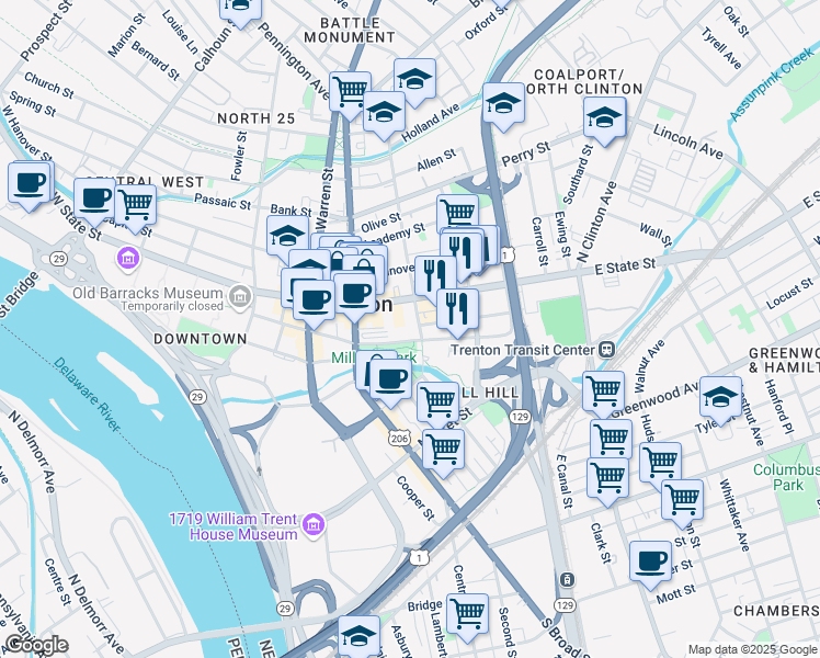 map of restaurants, bars, coffee shops, grocery stores, and more near 20 South Montgomery Street in Trenton