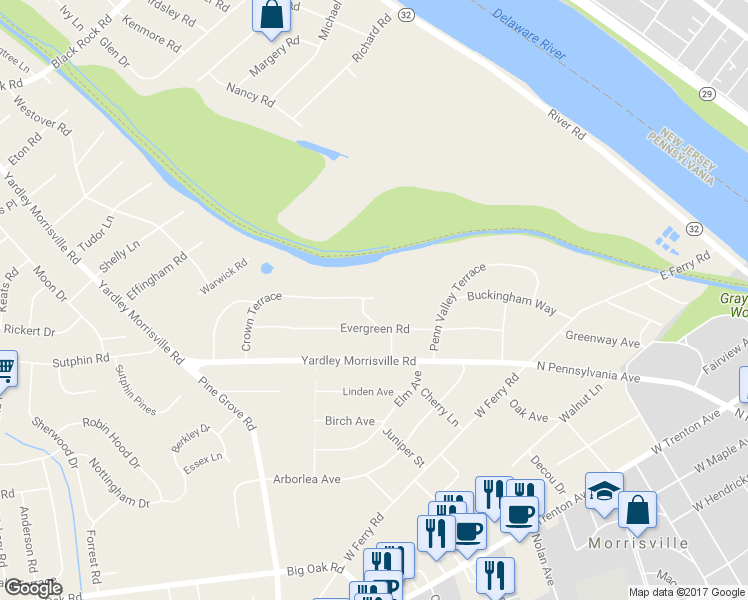 map of restaurants, bars, coffee shops, grocery stores, and more near 12 Crown Terrace in Yardley