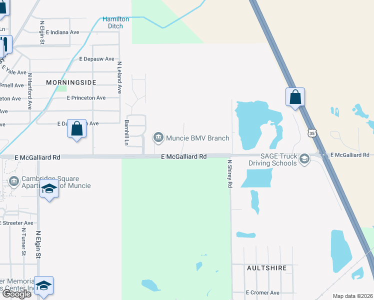 map of restaurants, bars, coffee shops, grocery stores, and more near 3300 North Dalinda Road in Muncie