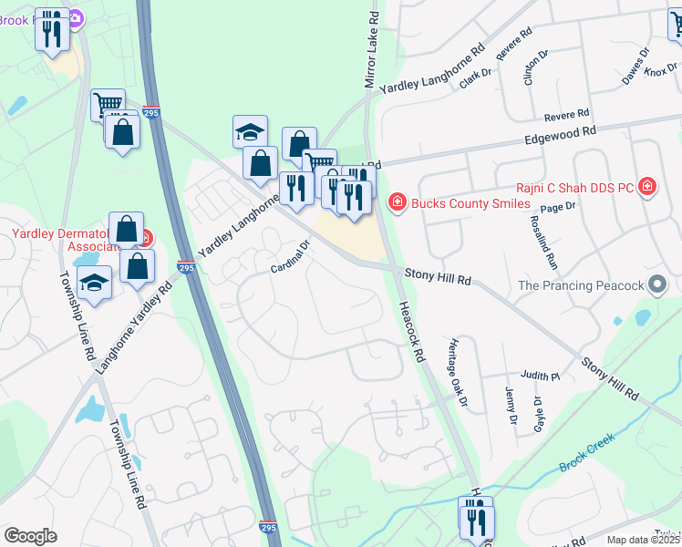 map of restaurants, bars, coffee shops, grocery stores, and more near 693A Rose Hollow Drive in Yardley