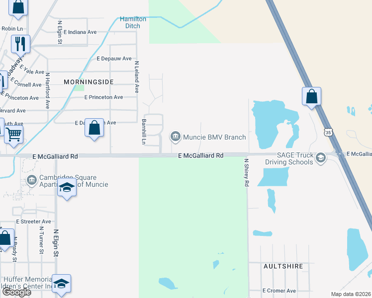 map of restaurants, bars, coffee shops, grocery stores, and more near 2940-3034 East McGalliard Road in Muncie