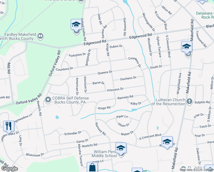 map of restaurants, bars, coffee shops, grocery stores, and more near 938 Baron Drive in Yardley
