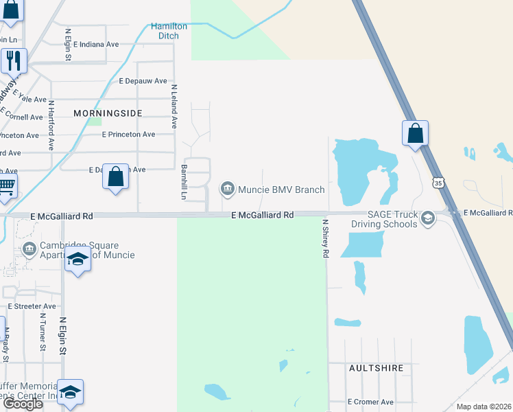map of restaurants, bars, coffee shops, grocery stores, and more near 2940 East McGalliard Road in Muncie
