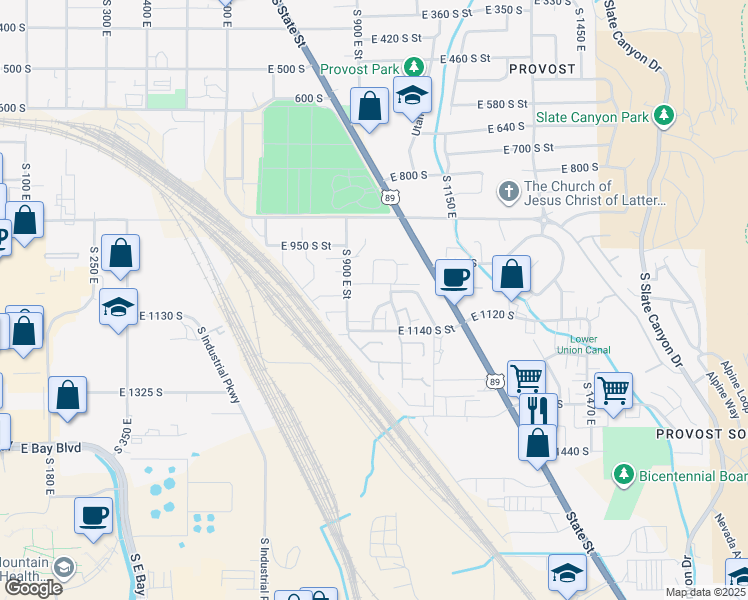 map of restaurants, bars, coffee shops, grocery stores, and more near 1060 South 950 East Street in Provo
