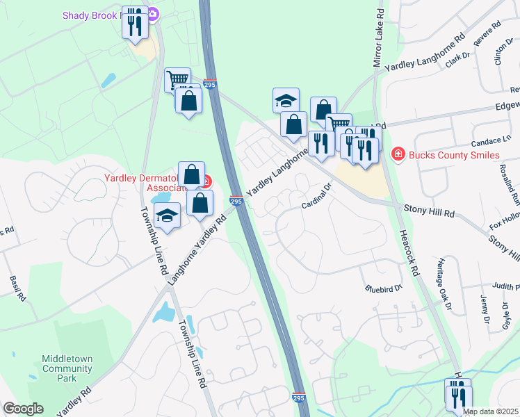 map of restaurants, bars, coffee shops, grocery stores, and more near 630B Palmer Lane in Yardley