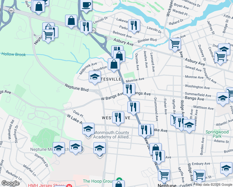 map of restaurants, bars, coffee shops, grocery stores, and more near 2019 West Bangs Avenue in Neptune City