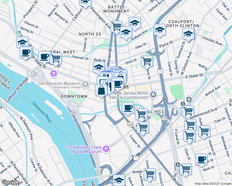 map of restaurants, bars, coffee shops, grocery stores, and more near 17 South Broad Street in Trenton