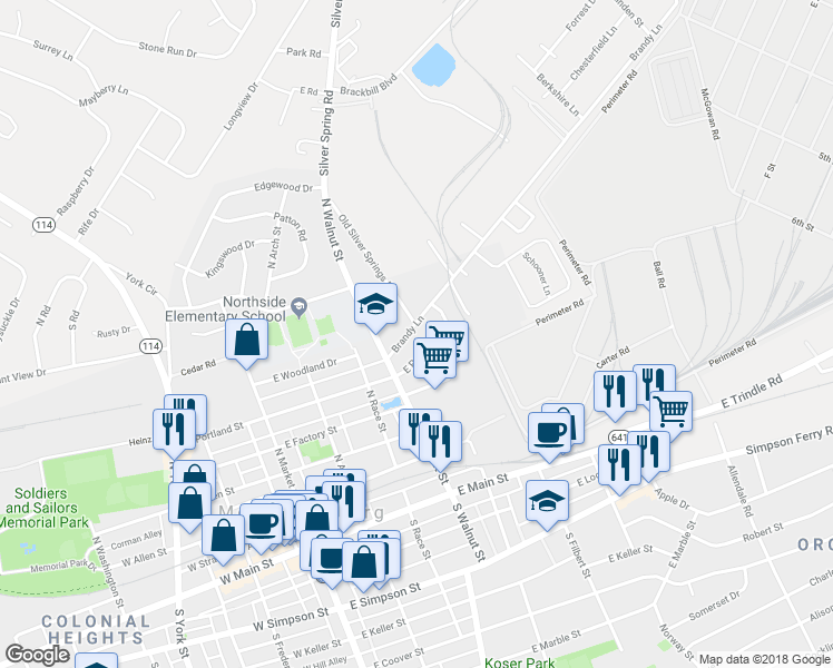 map of restaurants, bars, coffee shops, grocery stores, and more near 312 Brandy Ln in Mechanicsburg
