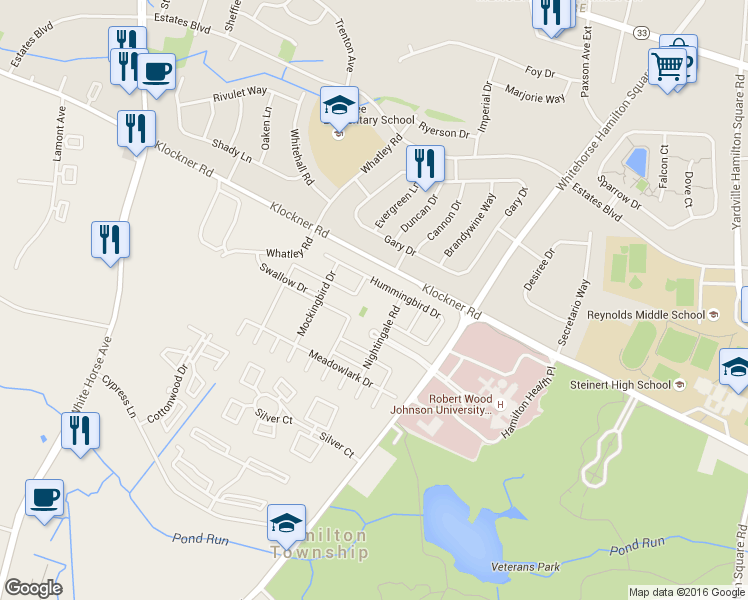map of restaurants, bars, coffee shops, grocery stores, and more near 67 Hummingbird Drive in Hamilton Township