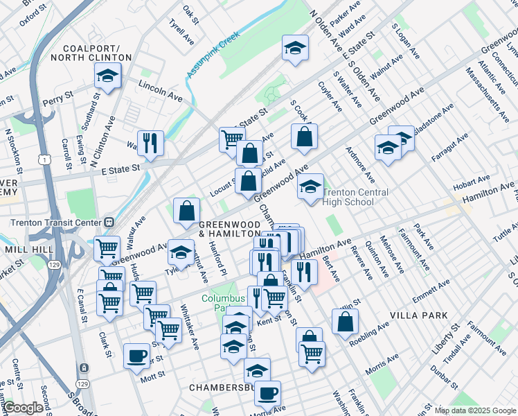 map of restaurants, bars, coffee shops, grocery stores, and more near 307 Chambers Street in Trenton