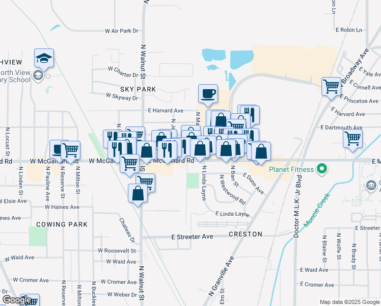 map of restaurants, bars, coffee shops, grocery stores, and more near 400 E McGalliard Rd in Muncie