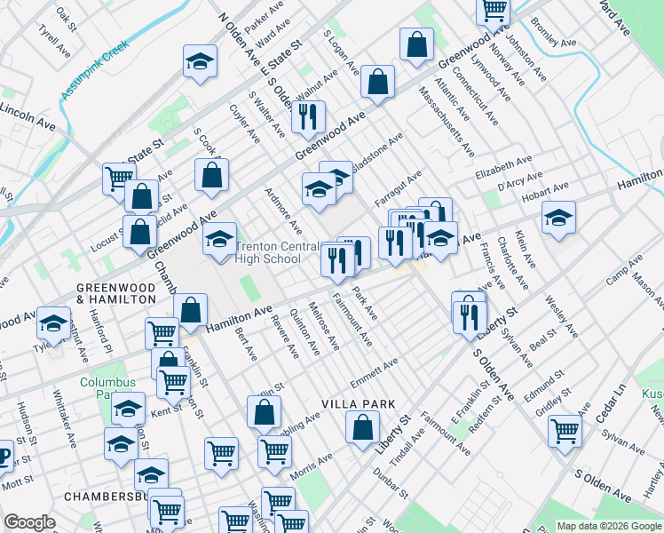 map of restaurants, bars, coffee shops, grocery stores, and more near 431 Cuyler Avenue in Trenton