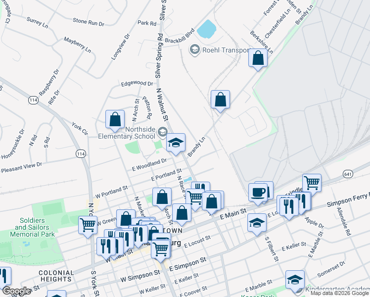 map of restaurants, bars, coffee shops, grocery stores, and more near 777 Old Silver Springs Road in Mechanicsburg