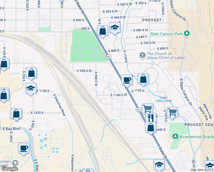map of restaurants, bars, coffee shops, grocery stores, and more near 1056 South 1000 East in Provo