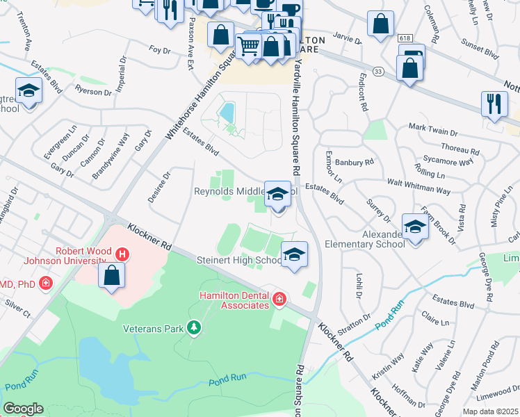 map of restaurants, bars, coffee shops, grocery stores, and more near 2145 Yardville Hamilton Square Road in Trenton