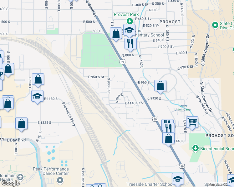 map of restaurants, bars, coffee shops, grocery stores, and more near 1062 S 950 E in Provo