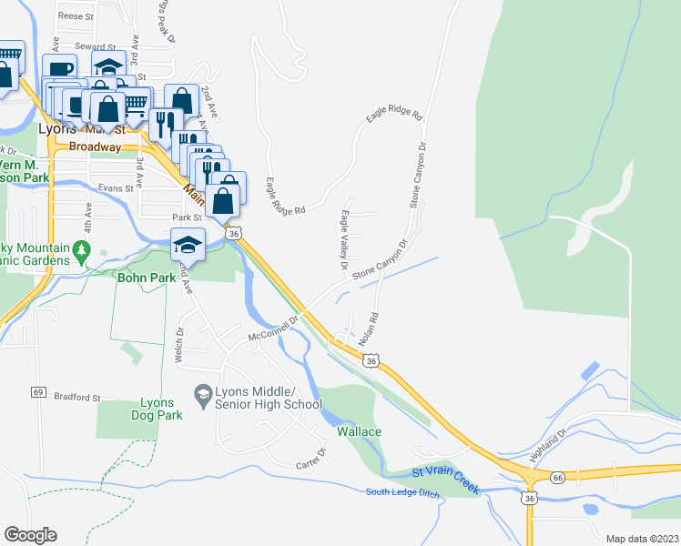 map of restaurants, bars, coffee shops, grocery stores, and more near 113 Eagle Valley Drive in Lyons