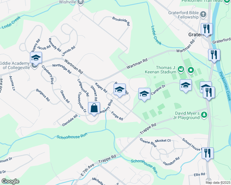 map of restaurants, bars, coffee shops, grocery stores, and more near 102 Yorktown Road in Collegeville